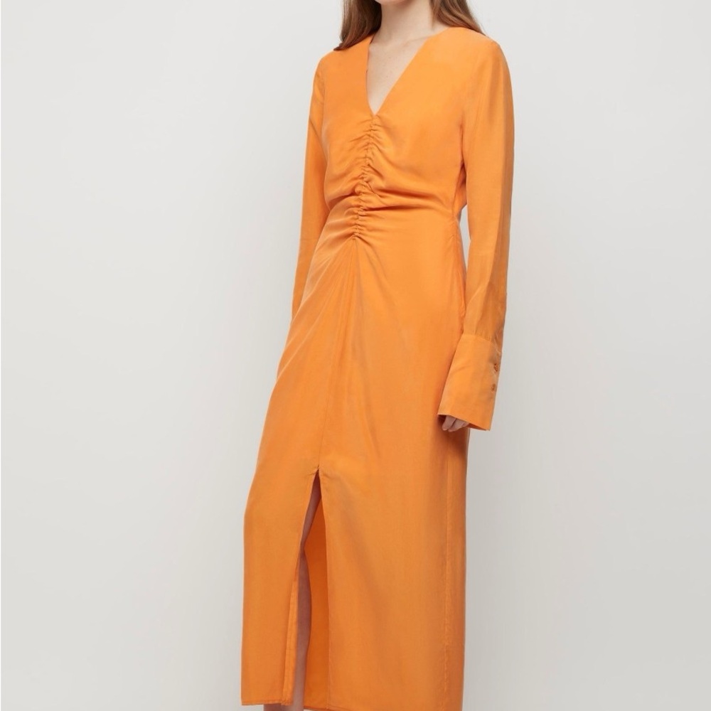 FRIEND of AUDREY Vibrant Orange Ruched Bell Sleeve Sheath Dress - Picture 3 of 5